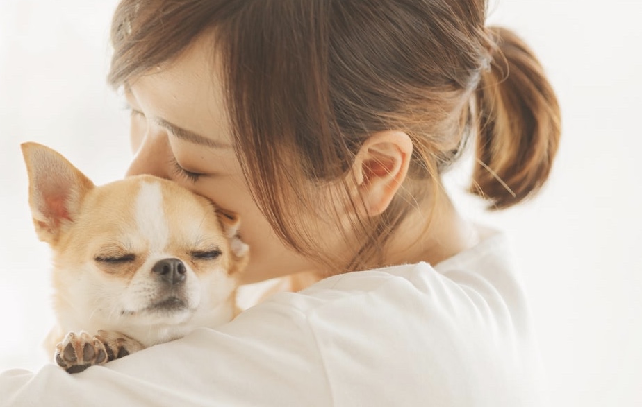 小犬を抱っこして抱きしめる女性