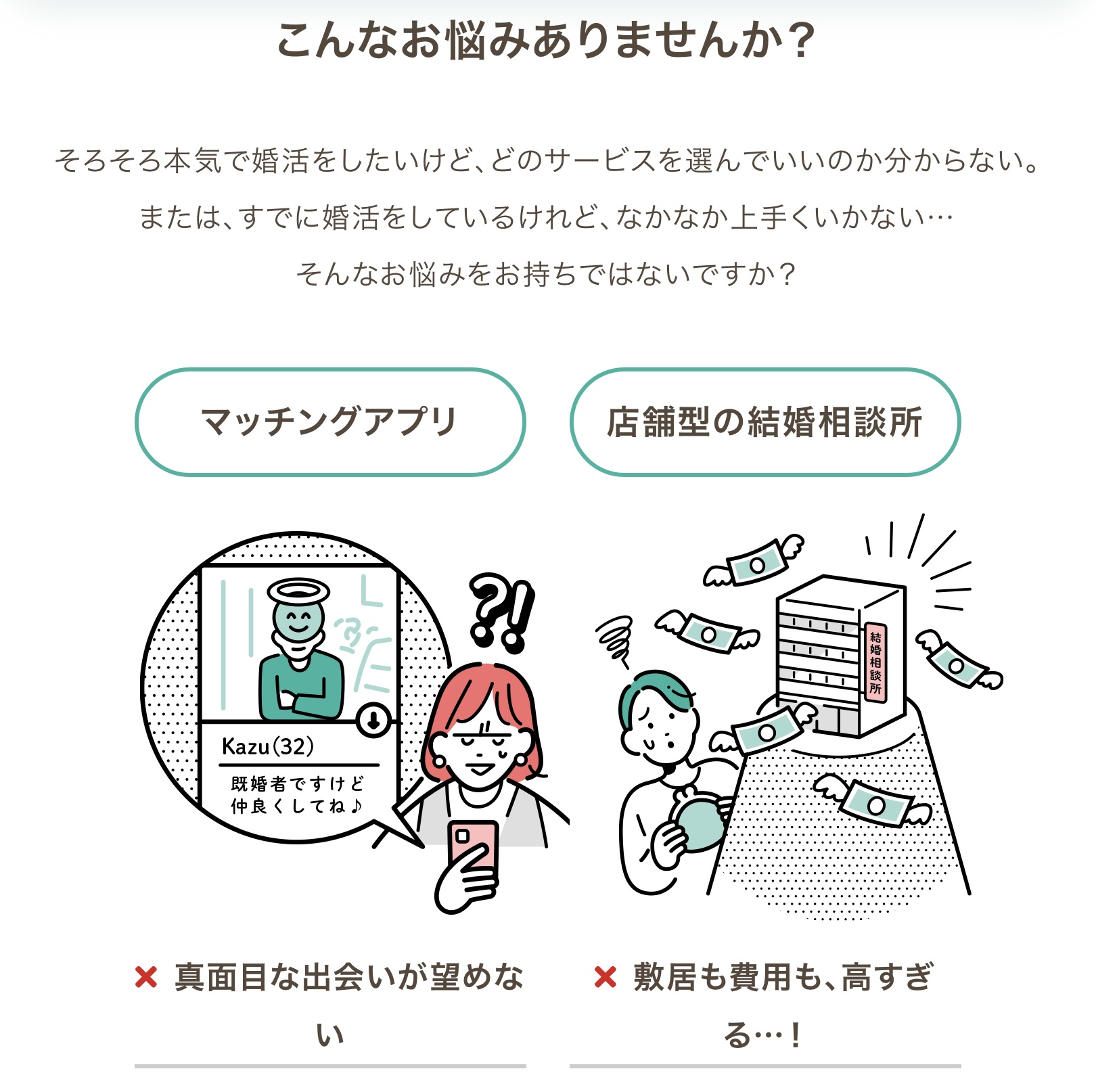 「マッチングアプリ」か「結婚相談所」かで迷う女性と男性